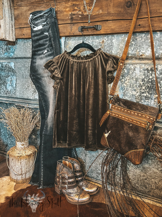 RUFFLE NECK AND SHOULDER VELVET TOP