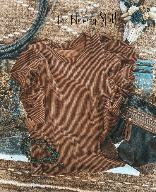 BROWN RIBBED RUFFLE SLEEVE TOP