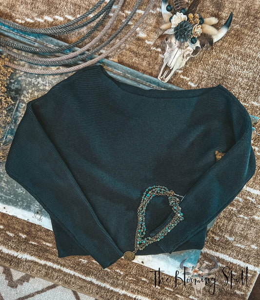 COLD SHOULDER BLACK KNIT SWEATER