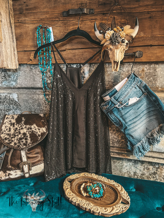 BLACK SEQUIN RACERBACK TANK
